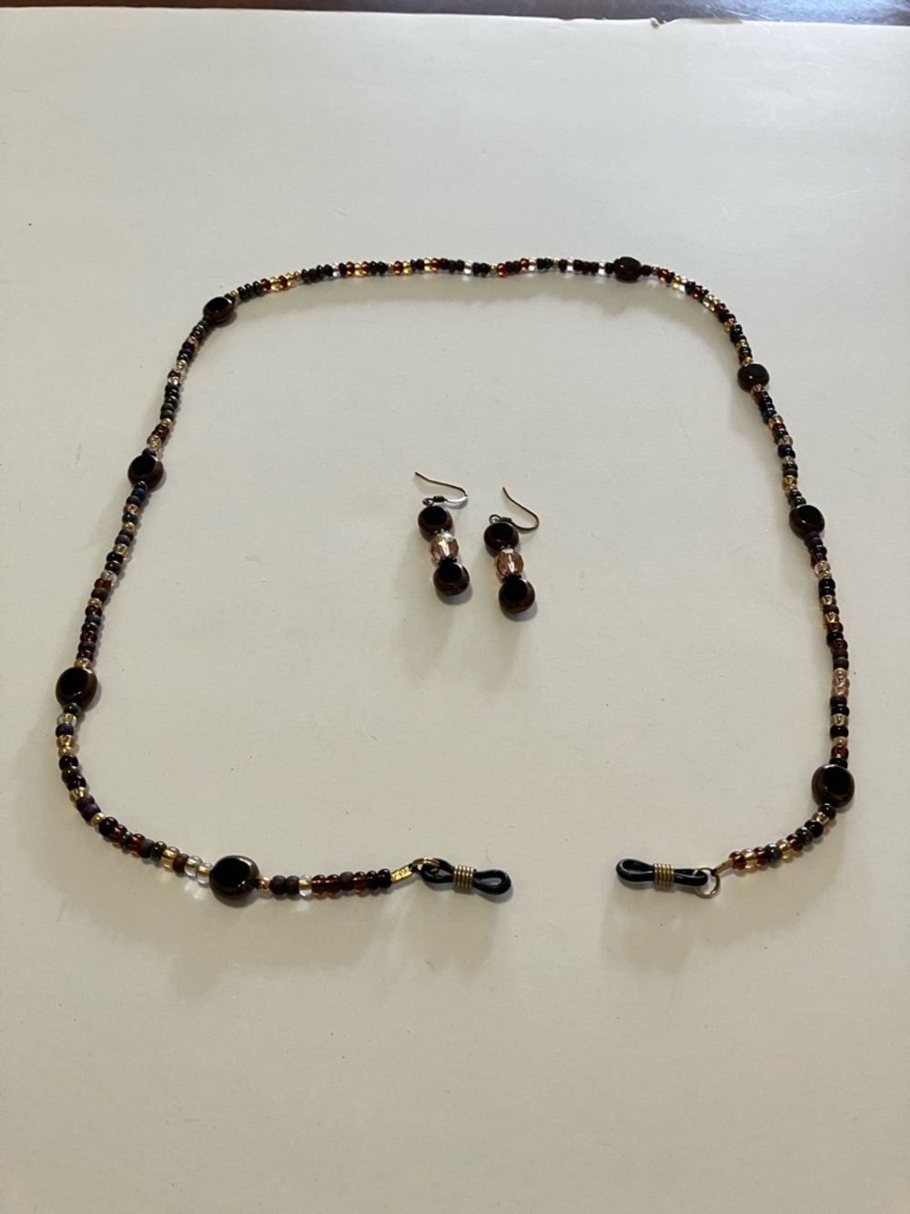 Black, Brown, Bronze Beaded Necklace and Earrings to Use For Holding Eyeglasses
